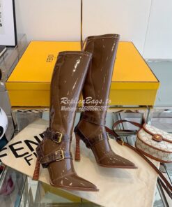 Replica Fendi Glossy Neoprene FFrame Harness Boots Heel Brown