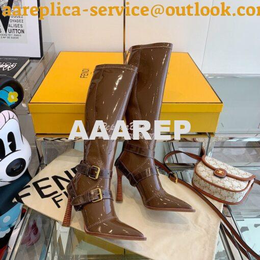 Replica Fendi Glossy Neoprene FFrame Harness Boots Heel Brown