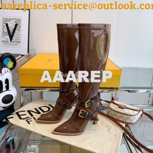 Replica Fendi Glossy Neoprene FFrame Harness Boots Heel Brown 4