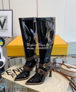 Replica Fendi Glossy Neoprene FFrame Harness Boots Heel Black