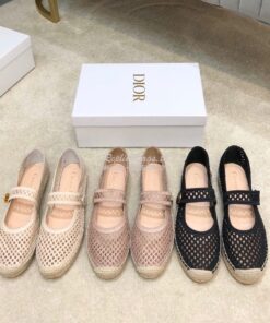 Replica Dior Caro Espadrille Ballerina Flat Cream Mesh Embroidery KCB6