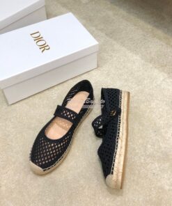 Replica Dior Caro Espadrille Ballerina Flat Black Mesh Embroidery KCB6 2