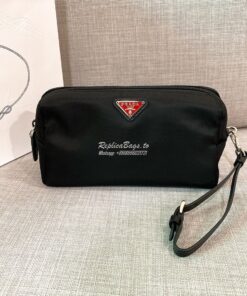 Replica Prada Fabric Cosmetic Pouch 1NE693 Black w Red Logo 2