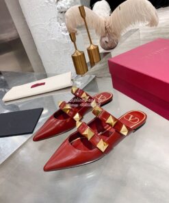 Replica Valentino Roman Stud Flat Mule In Calfskin VW2S0BK8 Red 2