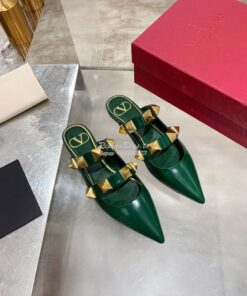 Replica Valentino Roman Stud Flat Mule In Calfskin VW2S0BK8 Green