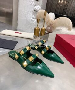 Replica Valentino Roman Stud Flat Mule In Calfskin VW2S0BK8 Green 2