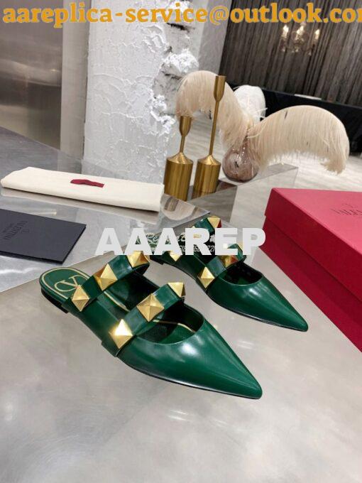 Replica Valentino Roman Stud Flat Mule In Calfskin VW2S0BK8 Green 2