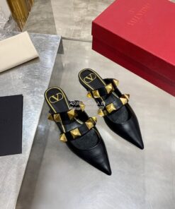 Replica Valentino Roman Stud Flat Mule In Calfskin VW2S0BK8 Black