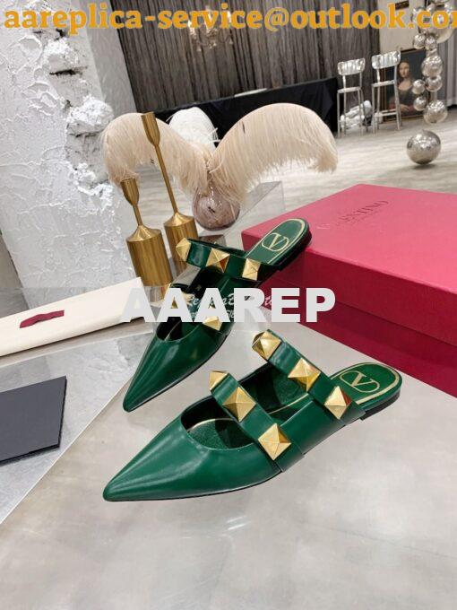 Replica Valentino Roman Stud Flat Mule In Calfskin VW2S0BK8 Green 5