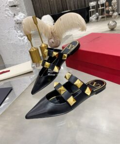 Replica Valentino Roman Stud Flat Mule In Calfskin VW2S0BK8 Black 2