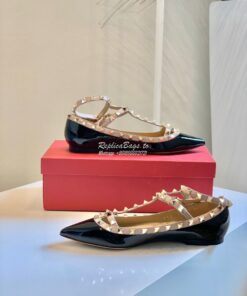 Replica Valentino Garavani Patent Rockstud Caged Ballet Flat Black 2