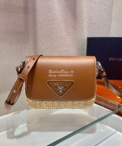 Replica Prada Raffia and Leather Shoulder Bag 1BD243