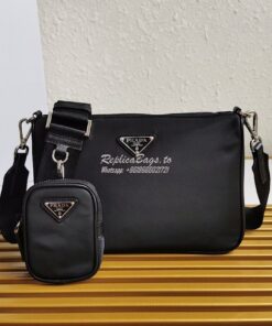 Replica Prada Nylon and Saffiano Leather Bag with Strap 2VH113 Black