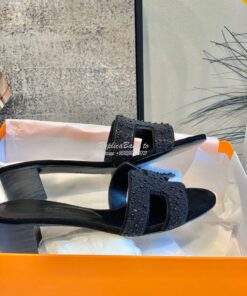 Replica Hermes Oasis Sandals with Swarovski Beads Black 2