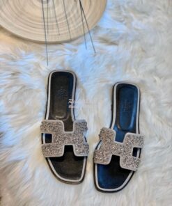 Replica Hermes Oran Sandals with Swarovski Beads Silver 2