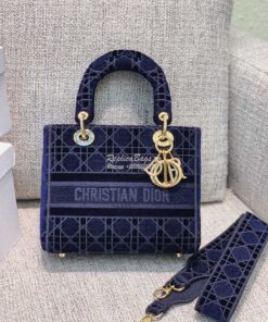 Replica Dior Medium Lady D-lite Bag Blue Cannage Embroidered Velvet M0