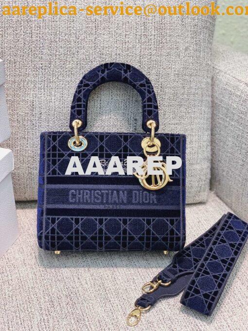 Replica Dior Medium Lady D-lite Bag Blue Cannage Embroidered Velvet M0