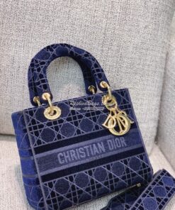 Replica Dior Medium Lady D-lite Bag Blue Cannage Embroidered Velvet M0 2