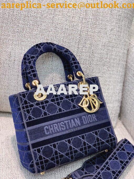 Replica Dior Medium Lady D-lite Bag Blue Cannage Embroidered Velvet M0 2