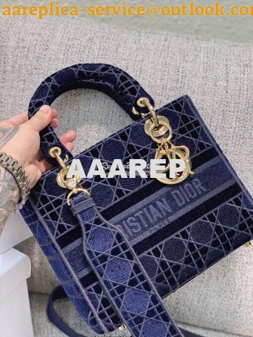 Replica Dior Medium Lady D-lite Bag Blue Cannage Embroidered Velvet M0 9