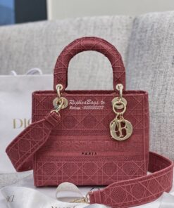 Replica Dior Medium Mallow Rose Lady D-lite Embroidered Cannage Bag M0