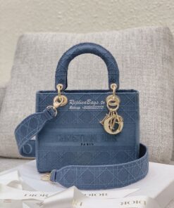 Replica Dior Medium Dark Denim Lady D-lite Embroidered Cannage Bag M05