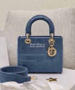 Replica Dior Medium Dark Denim Lady D-lite Embroidered Cannage Bag M05 2