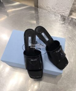 Replica Prada Brushed Leather Mid-heeled Slides 1XX590 Black