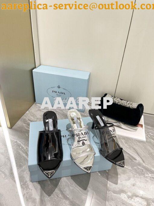 Replica Prada Logo-Print Plexiglas High-Heel Slides 1XX635