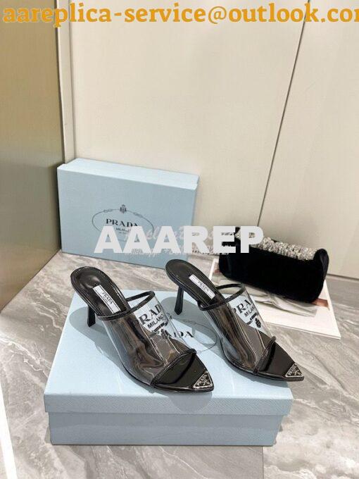 Replica Prada Logo-Print Plexiglas High-Heel Slides 1XX635 11