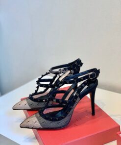 Replica Valentino Rockstud Lace Ankle Strap Pump 85mm Black 2