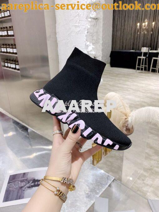 Replica Balenciaga Men Female Speed Graffiti Sneaker 645334 Black Pink 6