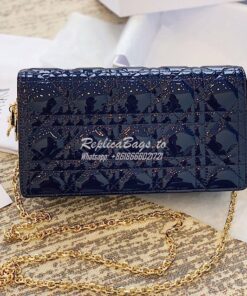 Replica Lady Dior Clutch With Chain in Patent Calfskin S0204 Indigo Bl