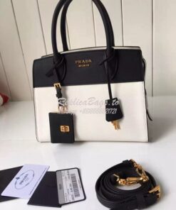 Replica Prada Esplanade Saffiano & Leather Bag Black & White 2