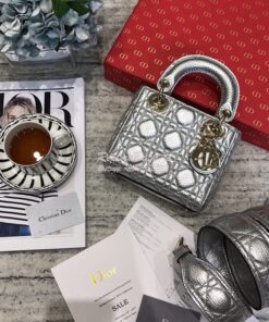 Replica Dior Mini Lady Dior in Grained Calfskin Metallic Silver