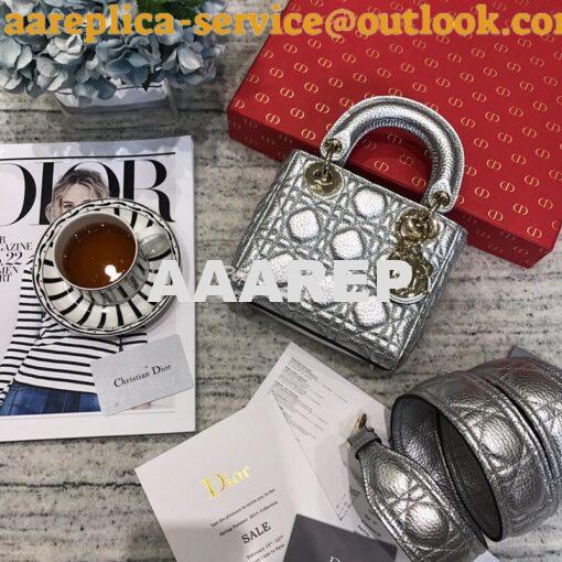 Replica Dior Mini Lady Dior in Grained Calfskin Metallic Silver