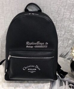 Replica Dior Black Grained Calfskin Rucksack With "Atelier" Print