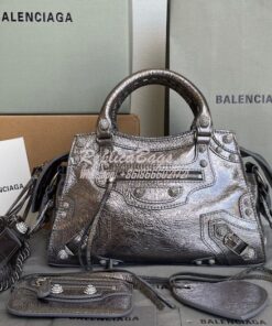 Replica Balenciaga Neo Cagole XS Handbag in Metallic Silver Arena Lamb