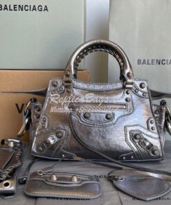 Replica Balenciaga Neo Cagole XS Handbag in Metallic Silver Arena Lamb