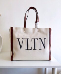 Replica Valentino VLTN Ivory Canvas Shopping Bag 2B0C89 Burgundy Brown