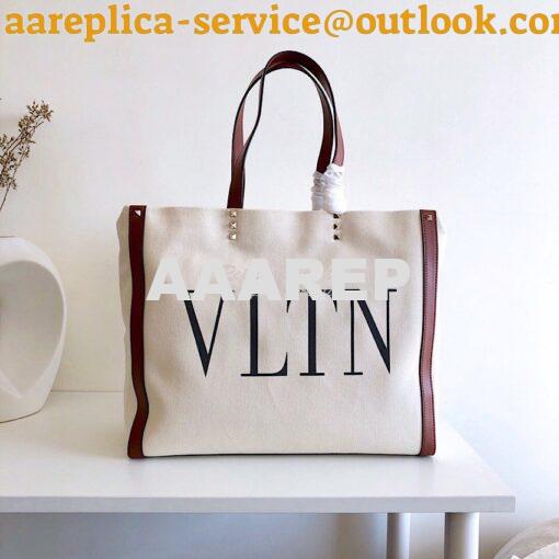 Replica Valentino VLTN Ivory Canvas Shopping Bag 2B0C89 Burgundy Brown