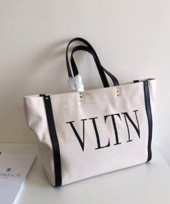 Replica Valentino VLTN Ivory Canvas Shopping Bag 2B0C89 Black 2