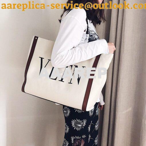 Replica Valentino VLTN Ivory Canvas Shopping Bag 2B0C89 Burgundy Brown 11