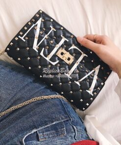 Replica Valentino Garavani Rockstud Spike Gold Chain Bag VLTN Black 2