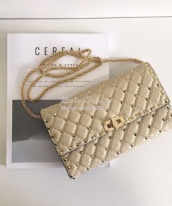 Replica Valentino Garavani Rockstud Spike Gold Chain Bag Beige 2