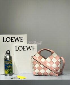 Replica Loewe Mini Woven Basket Bag 66082 White/Pink