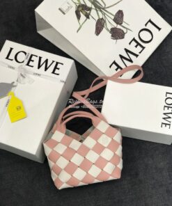 Replica Loewe Mini Woven Basket Bag 66082 White/Pink 2