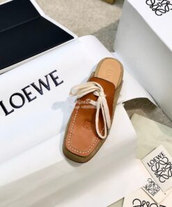 Replica Loewe Lace Up Mule In Suede And Calfskin L815379 Camel 2