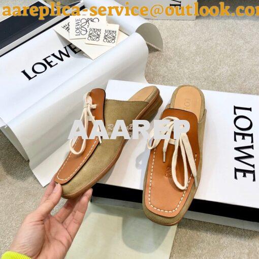 Replica Loewe Lace Up Mule In Suede And Calfskin L815379 Camel 4