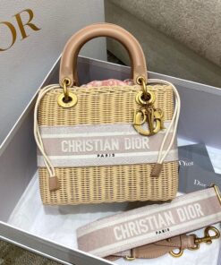 Replica Lady Dior Medium Bag Natural Wicker and Blush Pink Dior Obliqu